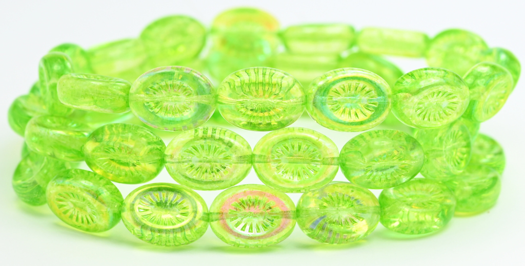 オーバルキウイプレスガラスビーズ、クリスタルライトグリーンAb（00030-34310-AB）、ガラス、チェコ共和国