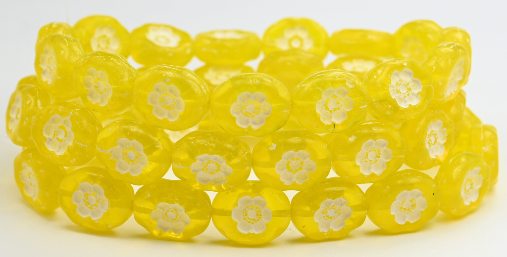 Oval Pressed Glass Beads With Flowers, Transparent Yellow White Lined (80020-46401), Glass, Czech Republic