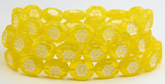 Oval Pressed Glass Beads With Flowers, Transparent Yellow White Lined (80020-46401), Glass, Czech Republic