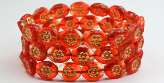 椭圆形压制玻璃珠配花朵，水晶红线金线 (96018-54202)，玻璃，捷克共和国