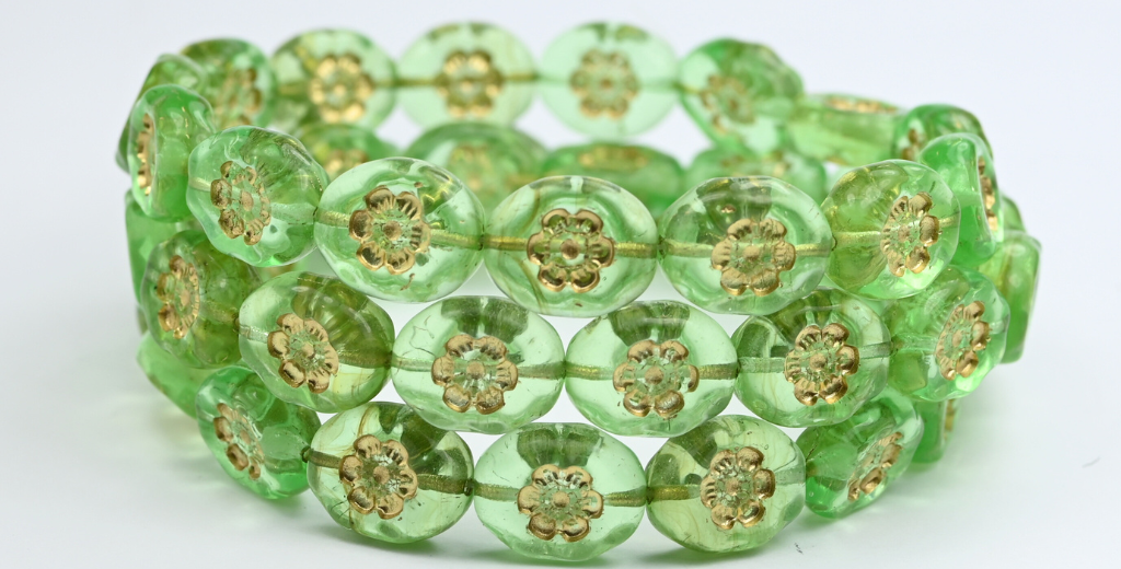 楕円形の押しガラスビーズ（花付き）、透明グリーン、ゴールドライン（50500-54202）、ガラス、チェコ共和国
