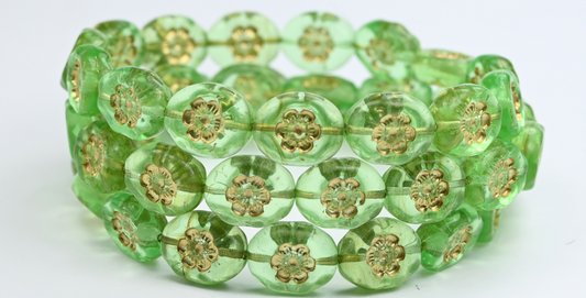 楕円形の押しガラスビーズ（花付き）、透明グリーン、ゴールドライン（50500-54202）、ガラス、チェコ共和国