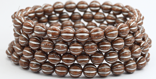 OUTLET 10 grams Melon Beads, 8 x 8 mm, Brown Silver Lined (13620-54201), Glass, Czech Republic