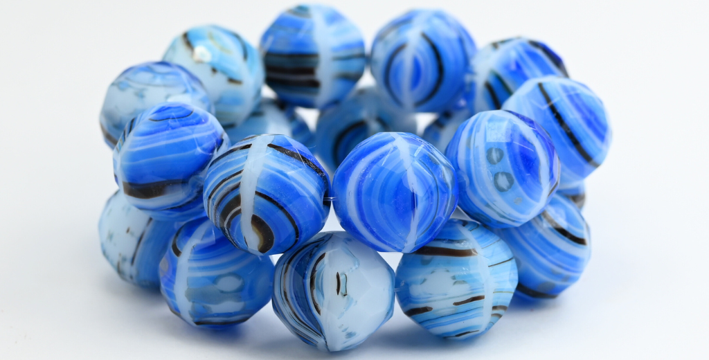 ファイアポリッシュラウンドファセットビーズ、ブルーホワイトストライプガラス（65810）、ガラス、チェコ共和国〜STRANDED