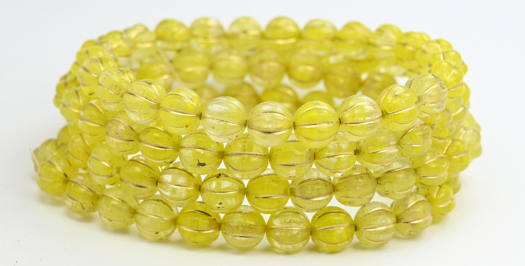 メロンラウンドプレスガラスビーズ（ストライプ入り）、イエローミックスゴールドライン（86036S-54202）、ガラス、チェコ共和国