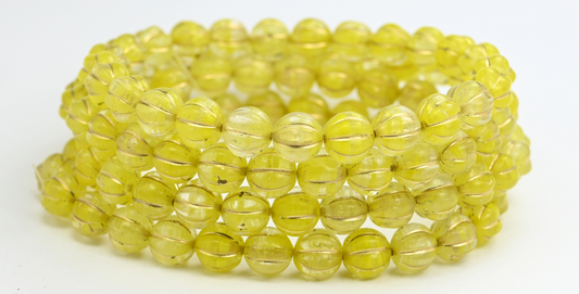 メロンラウンドプレスガラスビーズ（ストライプ入り）、イエローミックスゴールドライン（86036S-54202）、ガラス、チェコ共和国