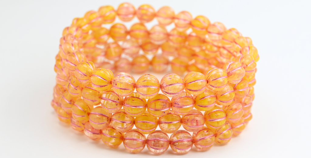 メロンラウンドプレスガラスビーズ（ストライプ入り）、イエローミックスピンクライン（86036S-54321）、ガラス、チェコ共和国