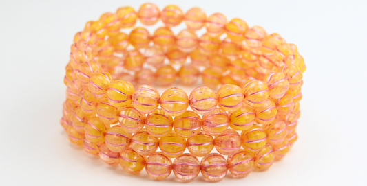 メロンラウンドプレスガラスビーズ（ストライプ入り）、イエローミックスピンクライン（86036S-54321）、ガラス、チェコ共和国