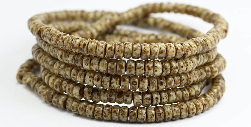 Flat Round Wheel Pressed Glass Beads, Opaque Beige Travertin (13010-86800), Glass, Czech Republic