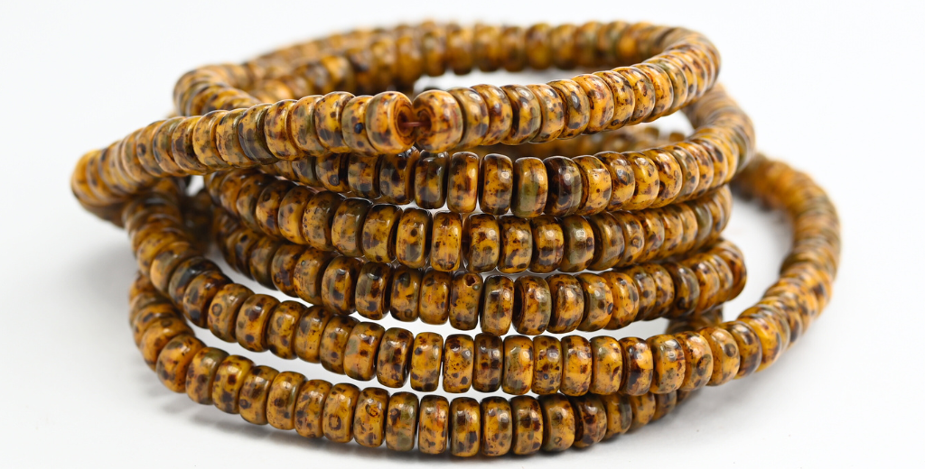 Flat Round Wheel Pressed Glass Beads, Yellow Travertin (83140-86800), Glass, Czech Republic