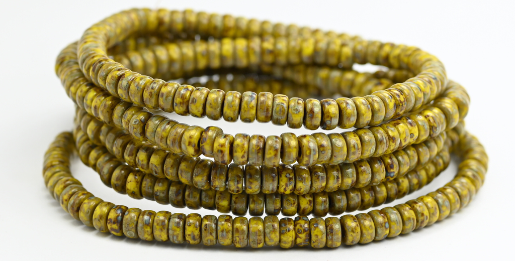 Flat Round Wheel Pressed Glass Beads, Yellow Picasso (83120-43400), Glass, Czech Republic
