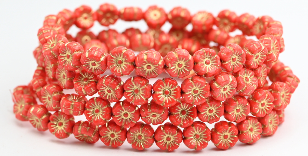 ハワイの花の押しガラスビーズ、レッドゴールドライン（93190-54202）、ガラス、チェコ共和国