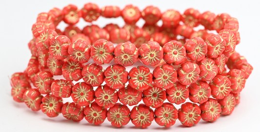 ハワイの花の押しガラスビーズ、レッドゴールドライン（93190-54202）、ガラス、チェコ共和国