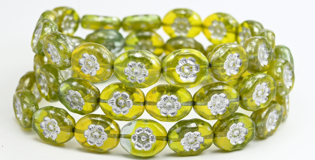 楕円形の押しガラスビーズ（花付き）、黄緑透明、銀線入り（800250520-54201）、ガラス、チェコ共和国