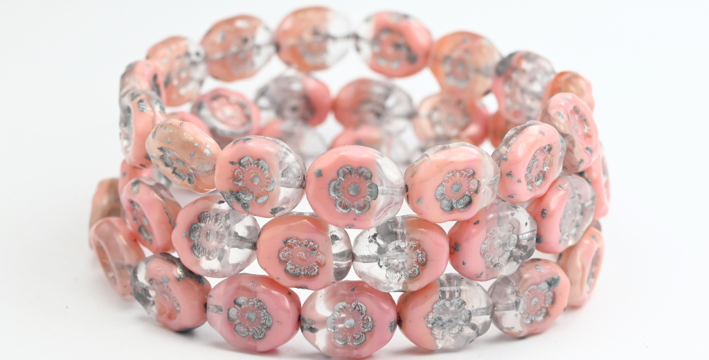 Oval Pressed Glass Beads With Flowers, Opaque Pink Silver Lined (76028-54201), Glass, Czech Republic