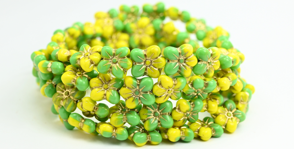 Flower Pressed Glass Beads, Mixed Colors Yellow Green Gold Lined (MIX-YELLOW-GREEN-54202), Glass, Czech Republic