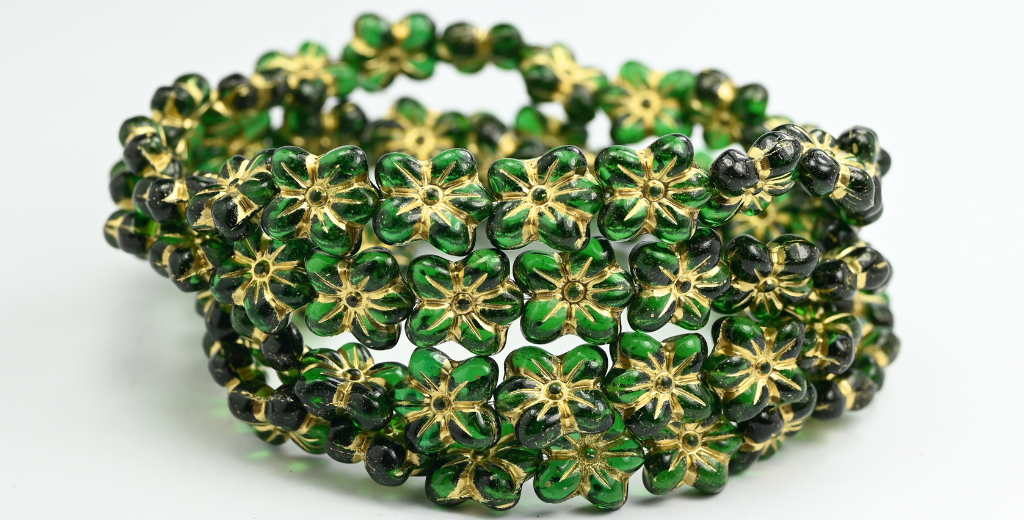 花の押しガラスビーズ、透明グリーンゴールドライン（50570-54202）、ガラス、チェコ共和国