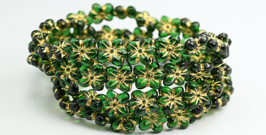 花の押しガラスビーズ、透明グリーンゴールドライン（50570-54202）、ガラス、チェコ共和国