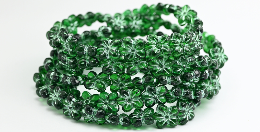 花の押しガラスビーズ、透明グリーン、グリーンライン入り（50570-54322）、ガラス、チェコ共和国