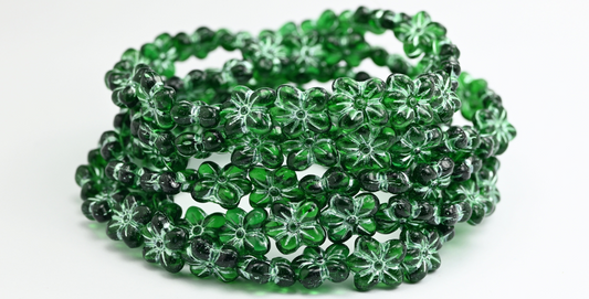 花の押しガラスビーズ、透明グリーン、グリーンライン入り（50570-54322）、ガラス、チェコ共和国