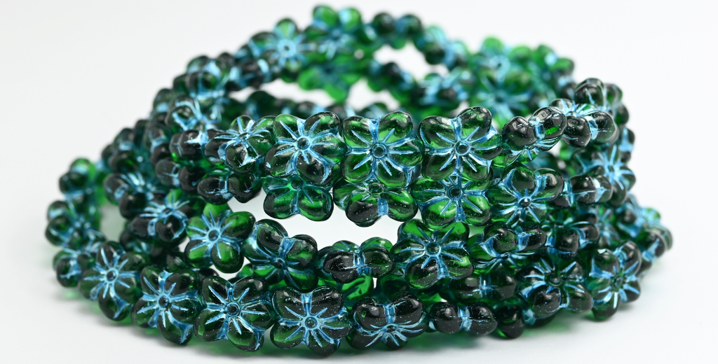 花の押しガラスビーズ、透明グリーンブルーライン入り（50570-54323）、ガラス、チェコ共和国