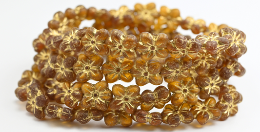 フラワープレスガラスビーズ、透明オレンジゴールドラインマットアンティーク（10040-54202-M-ANTIQ）、ガラス、チェコ共和国