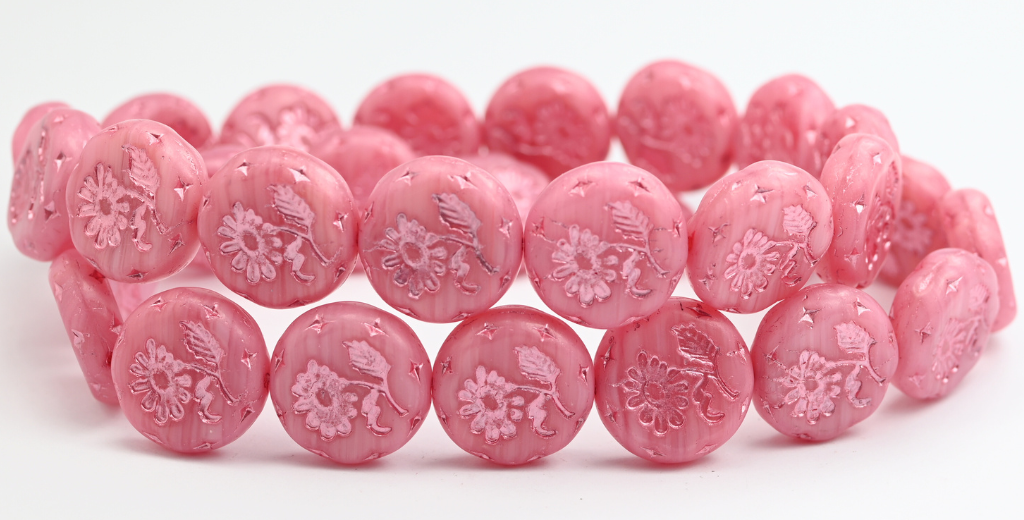 圆形扁平玛格丽特花压制玻璃珠，粉色内衬 (PINK-LINE-54321)，玻璃，捷克共和国