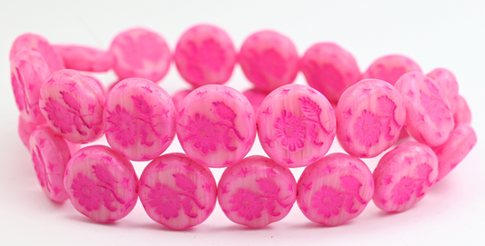 丸型フラットフラワーマーガレットプレスガラスビーズ、ピンクラインピンクライン（PINK-LINE-46470）、ガラス、チェコ共和国～STRANDED