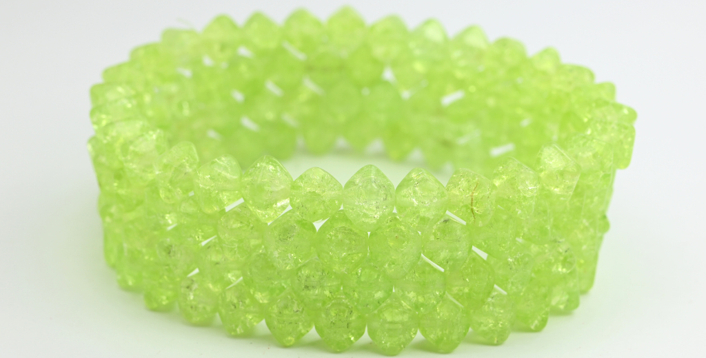 プレス加工された双円錐形ビーズ、クリスタルライトグリーンクラック（00030-34310-CRACK）、ガラス、チェコ共和国