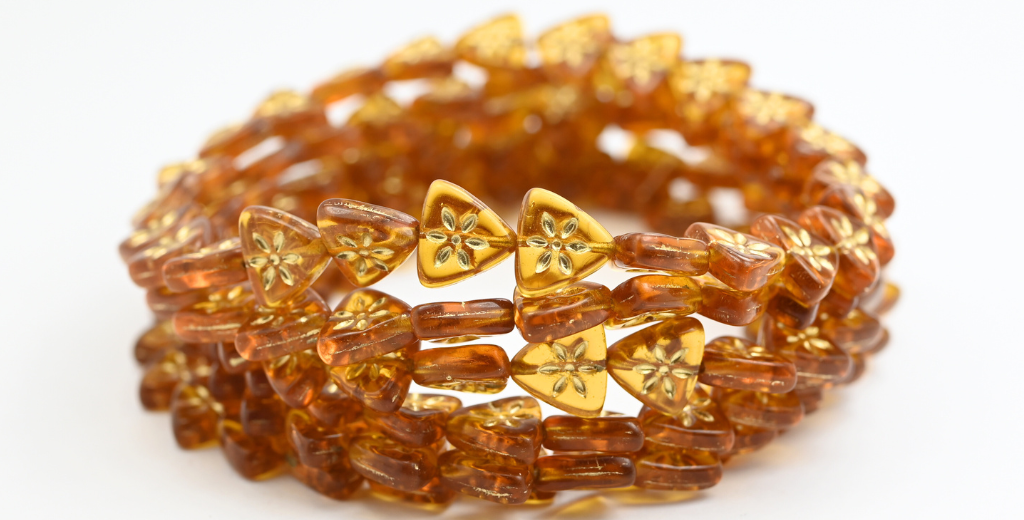 Triangle Flat Wit Flower Pressed Glass Beads, Transparent Orange Gold Lined (10060-54202), Glass, Czech Republic