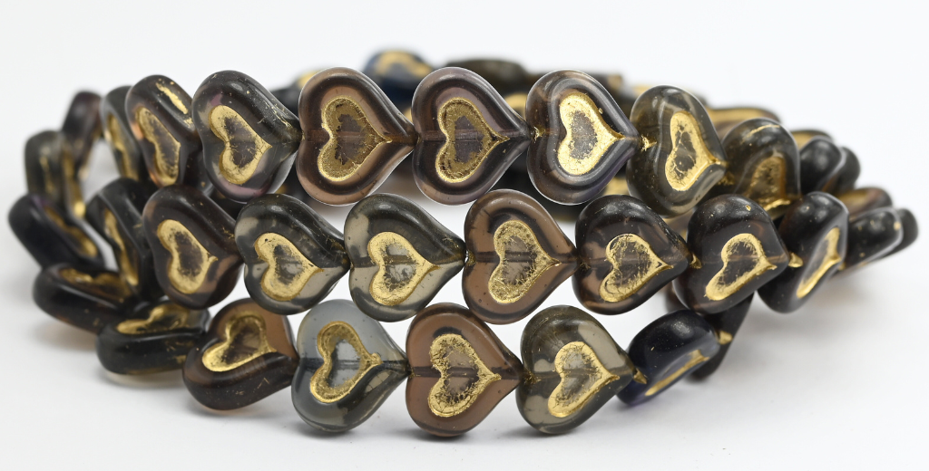 ハート型プレスガラスビーズ、ミックスカラー、ダークゴールドライン（MIX-DARK-54202）、ガラス、チェコ共和国