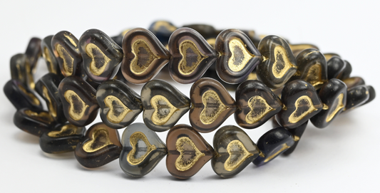 ハート型プレスガラスビーズ、ミックスカラー、ダークゴールドライン（MIX-DARK-54202）、ガラス、チェコ共和国