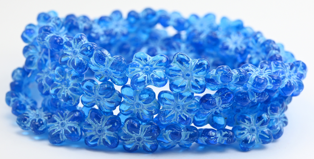 Flower Pressed Glass Beads, Transparent Aqua Light Blue Lined (60040-54308), Glass, Czech Republic
