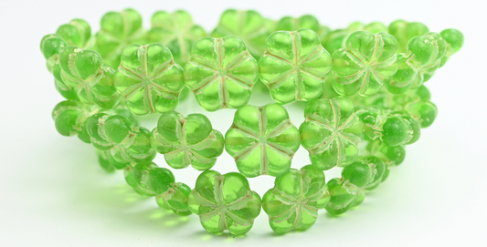 6-Petal Flower Pressed Beads, Emerald Green Beige Lined (50120-54311), Glass, Czech Republic ~ STRANDED