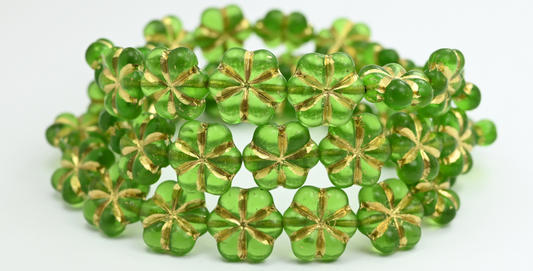 6枚の花びらの押し花ビーズ、エメラルドグリーン、ゴールドライン（50120-54202）、ガラス、チェコ共和国