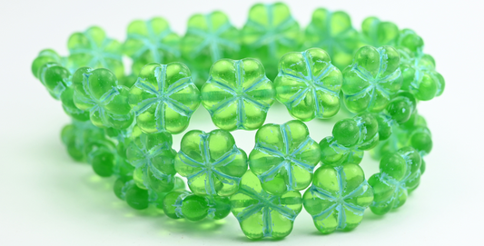 OUTLET 10 grams 6-Petal Flower Pressed Beads, Emerald Green Light Blue Lined (50120-54308), Glass, Czech Republic