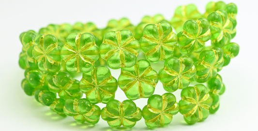 6枚の花びらの花の押しビーズ、緑と黄色の線入り（50120-54320）、ガラス、チェコ共和国～STRANDED