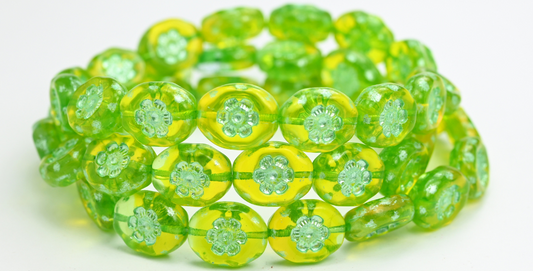Oval Pressed Glass Beads With Flowers, 800250520 Green Lined (800250520-54322), Glass, Czech Republic