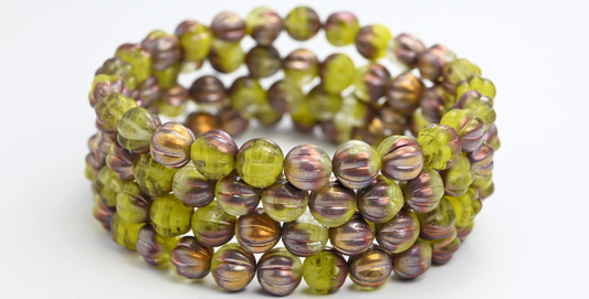 メロンラウンドプレスガラスビーズ（ストライプ入り）、86036S ローズゴールドカプリ（86036S-27101）、ガラス、チェコ共和国