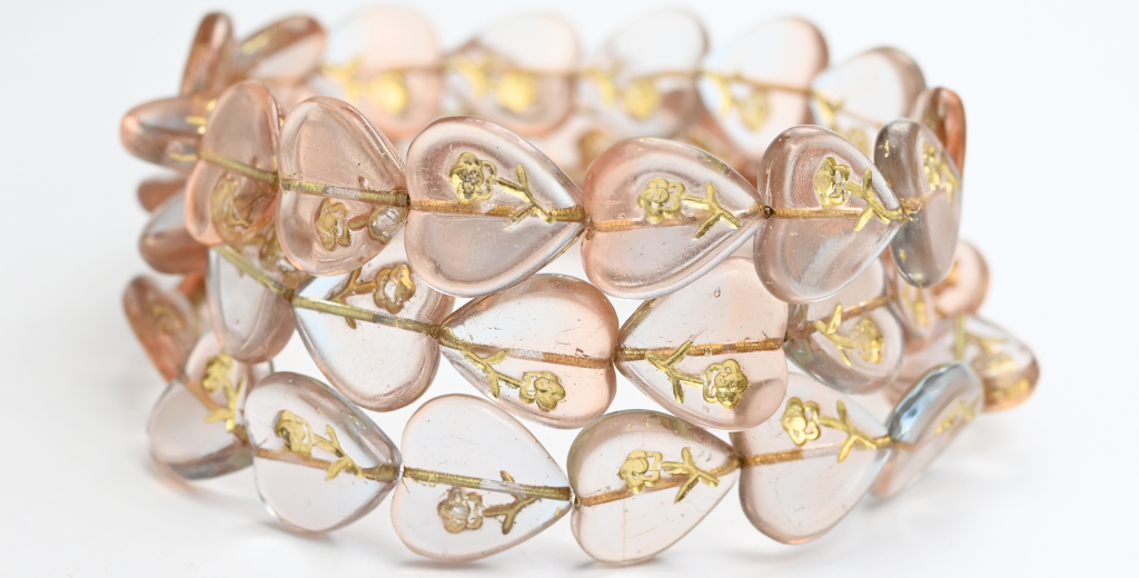 Heart Pressed Glass Beads With Flower, Transparent Pink Transparent Light Amethyst Gold Lined (70110-20210-54202), Glass, Czech Republic