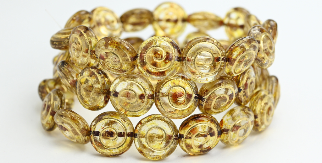 奥特莱斯 10克圆形扁平蜗牛压制玻璃珠，13 x 13毫米，水晶石灰华镀金 (00030-86800-54202)，玻璃，捷克共和国