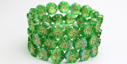 Hawaii Flower Pressed Glass Beads, Mixed Colors Green Gold Lined (MIX-GREEN-54202), Glass, Czech Republic