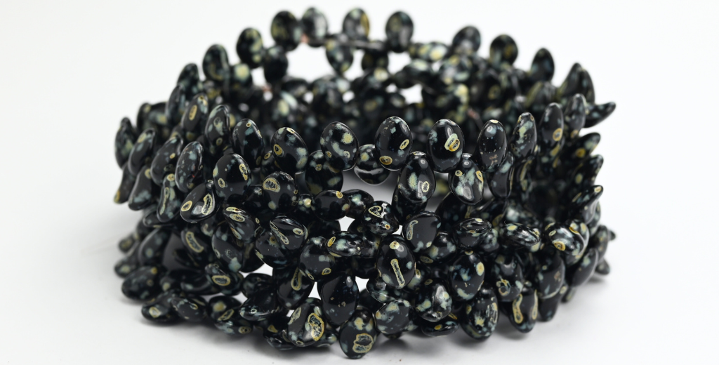 リーフタンプレスガラスビーズ、ブラックピカソ（23980-43400）、ガラス、チェコ共和国