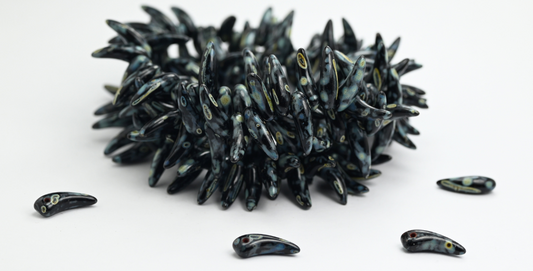 Bone Bow Pressed Glass Beads, Black Picasso (23980-43400), Glass, Czech Republic