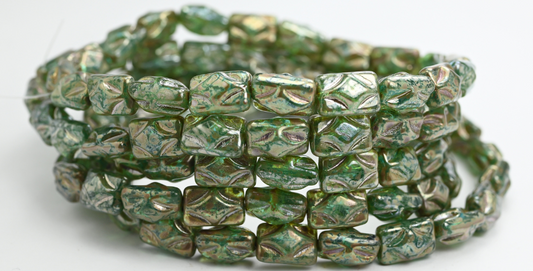 Rectangle Pressed Glass Beads, Transparent Aqua Picasso (60020-43400), Glass, Czech Republic