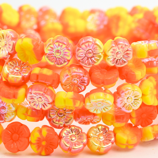 OUTLET 10  grams Hawaiian Flower Beads, 10 x 10 mm, Deep Orange  Yellow Ab (93140-83120-28701), Glass, Czech Republic