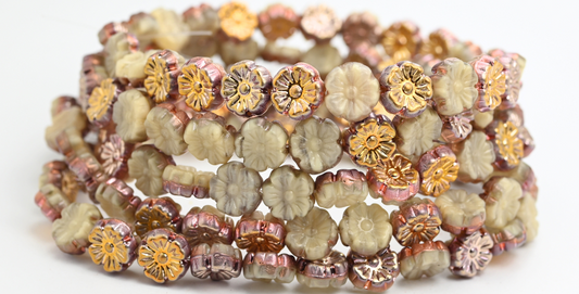 ハワイアンフラワー プレストガラスビーズ、ベージュシルキーローズゴールドカプリ（16017-27101）、ガラス、チェコ共和国
