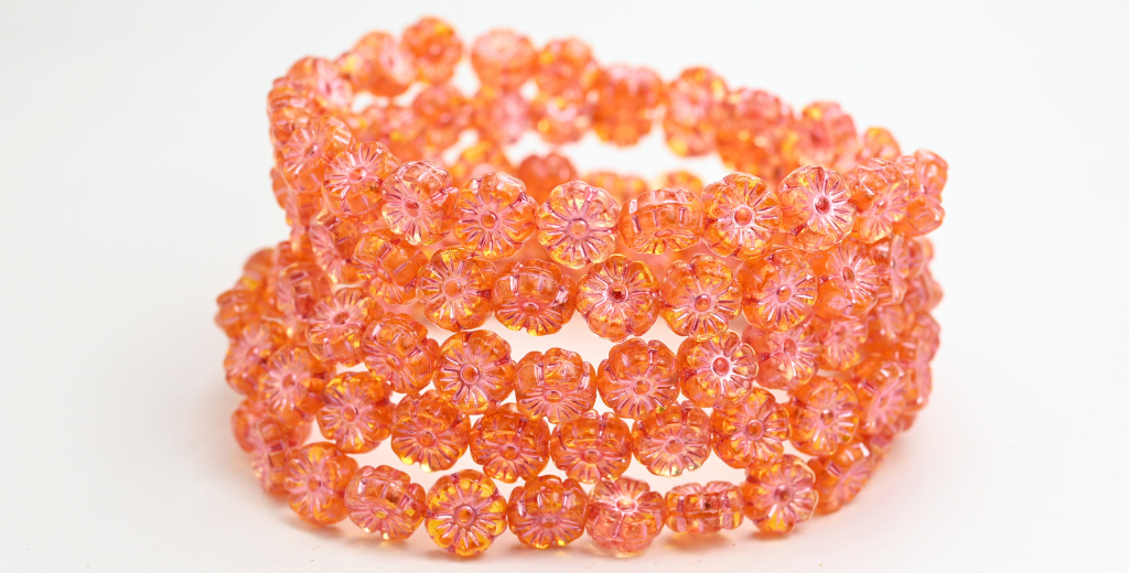 OUTLET 10克夏威夷花珠，10 x 10毫米，透明浅黄玉黄透明橙粉色内衬（10020-10060-54321），玻璃，捷克共和国