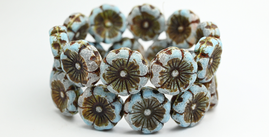 OUTLET 10 grams Hawaiian Flower Beads, 22 x 22 mm, Blue Black Travertin Ant (67993-86800-ANT), Glass, Czech Republic