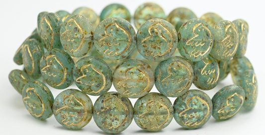 OUTLET 10 grams Round Flat Beads With Bird, 14 x 14 mm, Opal Aqua Gold Lined Antiq (61100-54202-ANTIQ), Glass, Czech Republic